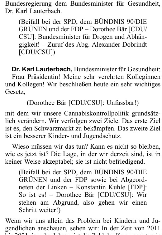 Excerpt from stenographic report 20/155 of the German Bundestag, 23 February 2024: Health Minister Karl Lauterbach opens the debate on the Cannabis Act (Cannabisgesetz), stating two goals and citing a rise in youth consumption.